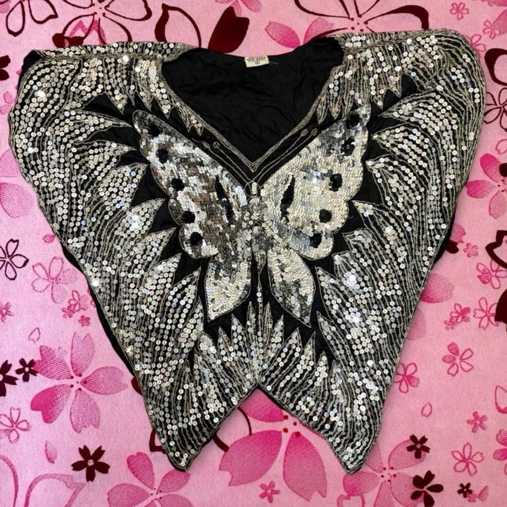 Sequin Beaded Fairy Butterfly Black Women's Poncho